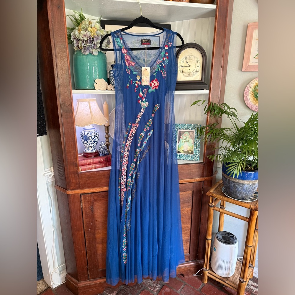 NWT Biya Johnny Was Mazzy Bias Embroidered Maxi Slip Dress Size XXS Retail: $318